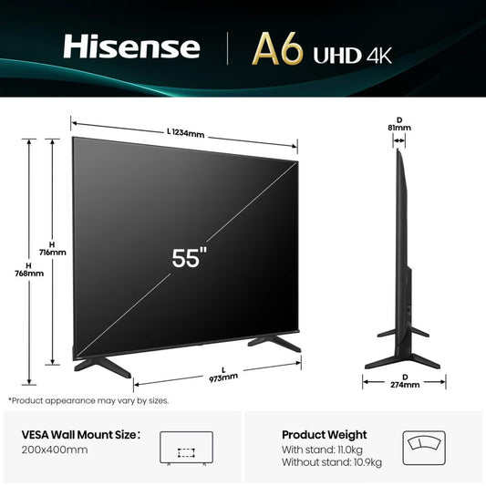 Hisense Televizor 55A6Q 55", 4K UHD, Smart TV, Crni
