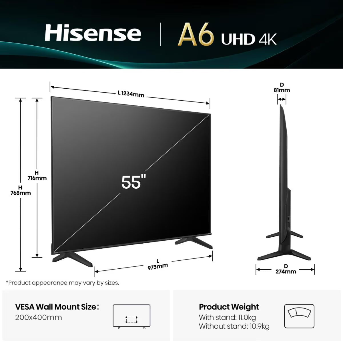 Hisense Televizor 55A6Q 55", 4K UHD, Smart TV, Crni